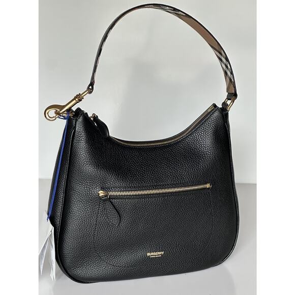 Burberry Hobo Leather Shoulder Bag Check Strap Black 81046821 Italy NWT $1750 - Picture 1 of 16